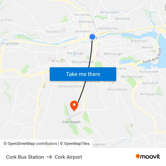 Cork Bus Station to Cork Airport map