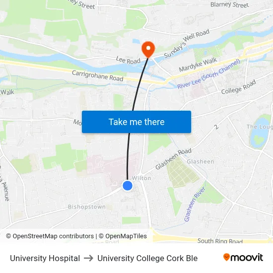 University Hospital to University College Cork Ble map