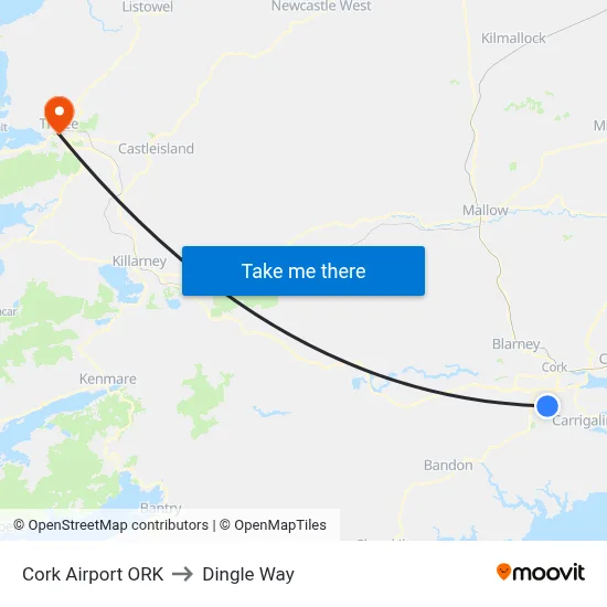 Cork Airport ORK to Dingle Way map