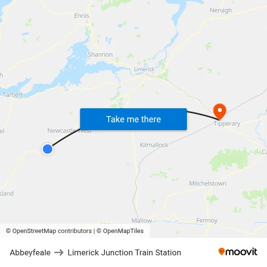 Abbeyfeale to Limerick Junction Train Station map