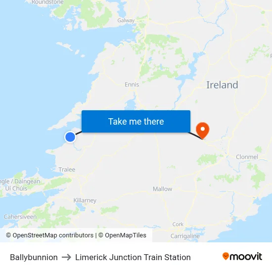 Ballybunnion to Limerick Junction Train Station map