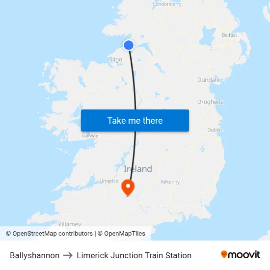 Ballyshannon to Limerick Junction Train Station map