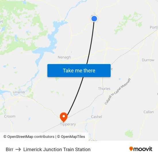 Birr to Limerick Junction Train Station map