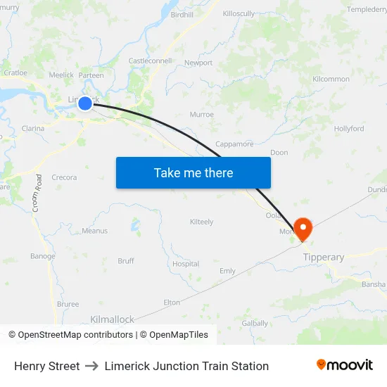 Henry Street to Limerick Junction Train Station map