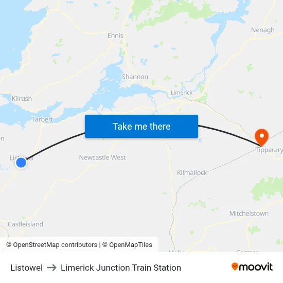 Listowel to Limerick Junction Train Station map
