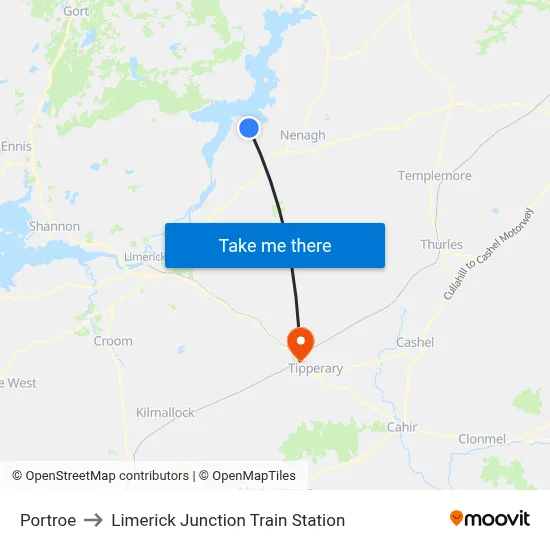 Portroe to Limerick Junction Train Station map