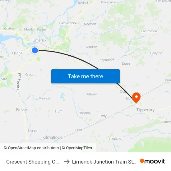 Crescent Shopping Centre to Limerick Junction Train Station map