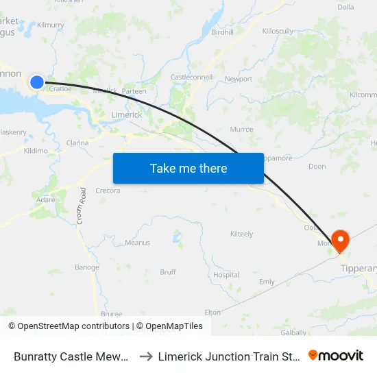 Bunratty Castle Mews B B to Limerick Junction Train Station map