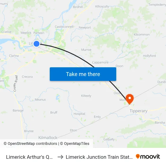 Limerick Arthur's Quay to Limerick Junction Train Station map