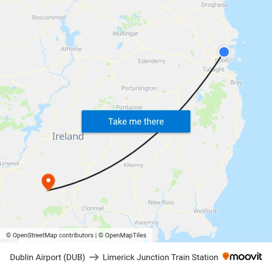 Dublin Airport (DUB) to Limerick Junction Train Station map