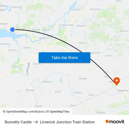 Bunratty Castle to Limerick Junction Train Station map