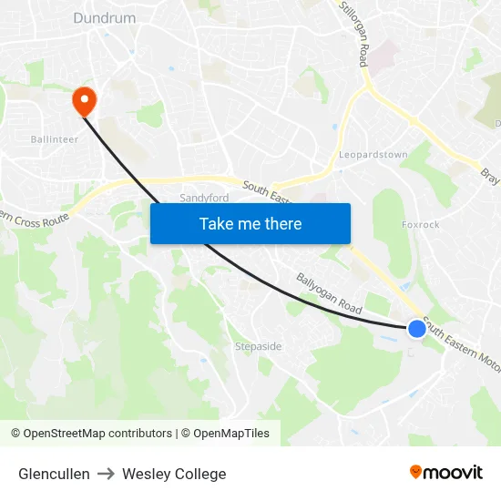Glencullen to Wesley College map