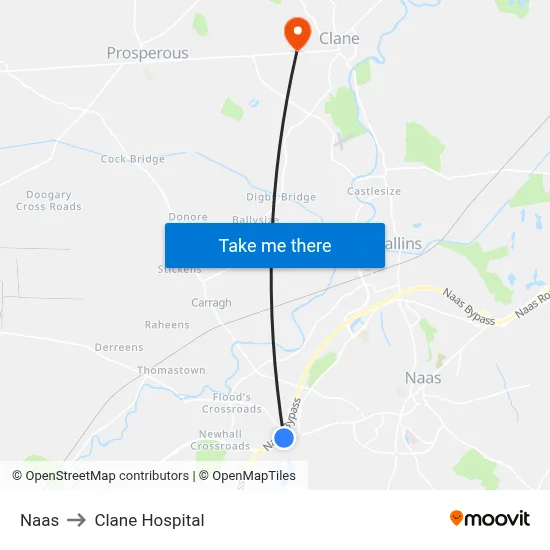 Naas to Clane Hospital map