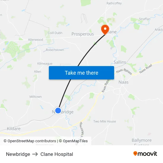 Newbridge to Clane Hospital map