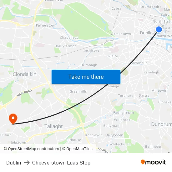 Dublin to Cheeverstown Luas Stop map