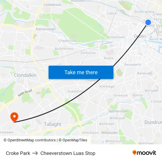 Croke Park to Cheeverstown Luas Stop map
