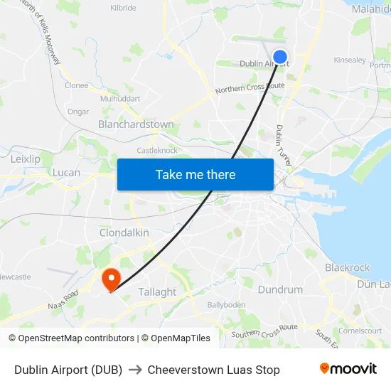Dublin Airport (DUB) to Cheeverstown Luas Stop map