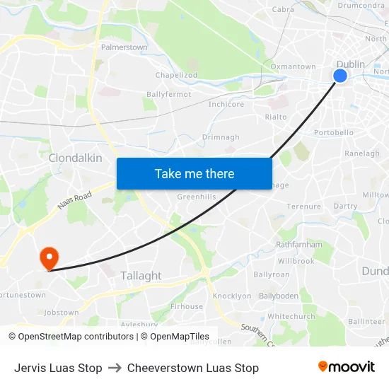 Jervis Luas Stop to Cheeverstown Luas Stop map