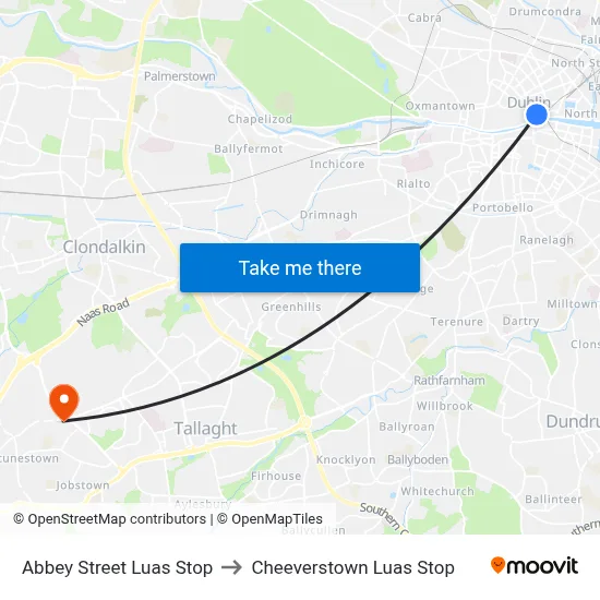 Abbey Street Luas Stop to Cheeverstown Luas Stop map