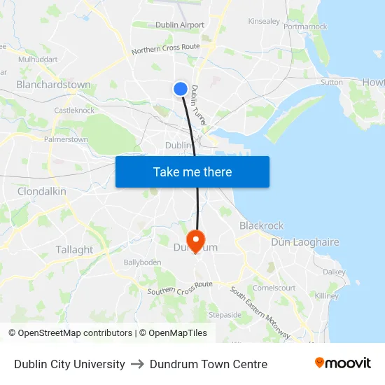 Dublin City University to Dundrum Town Centre map