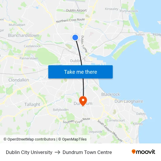 Dublin City University to Dundrum Town Centre map