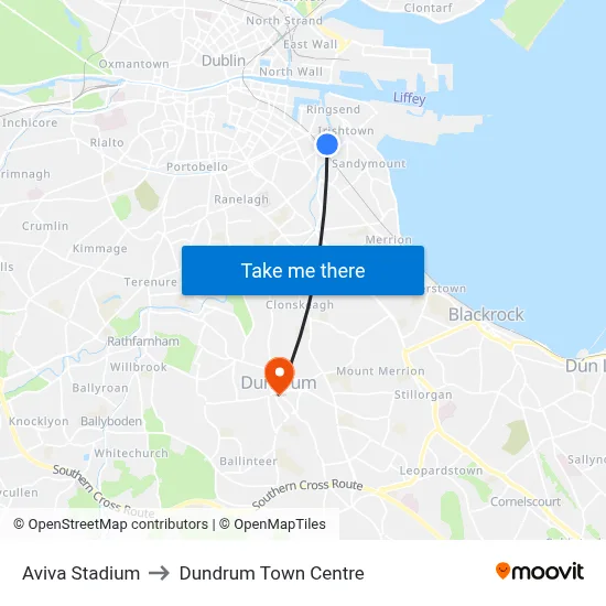 Aviva Stadium to Dundrum Town Centre map
