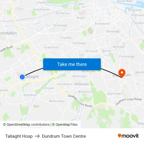 Tallaght Hosp to Dundrum Town Centre map