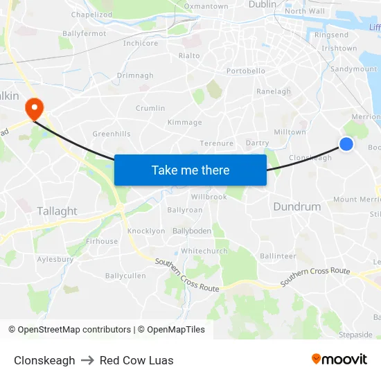 Clonskeagh to Red Cow Luas map