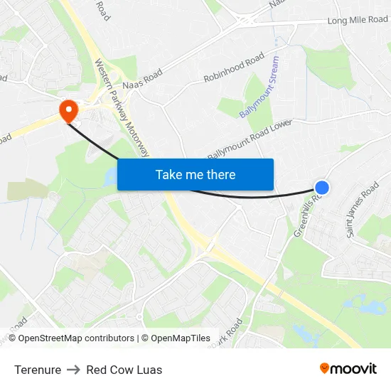 Terenure to Red Cow Luas map