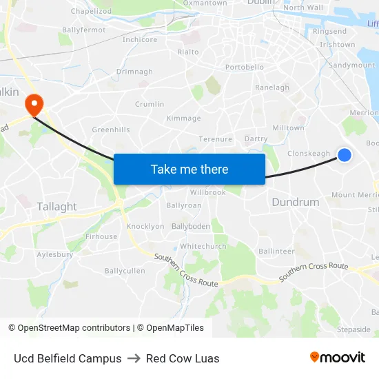 Ucd Belfield Campus to Red Cow Luas map