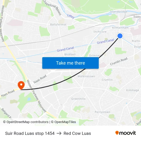 Suir Road Luas stop 1454 to Red Cow Luas map