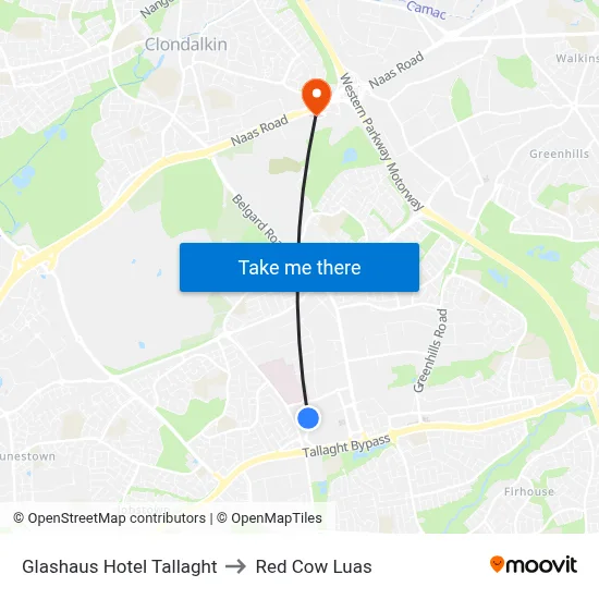 Glashaus Hotel Tallaght to Red Cow Luas map