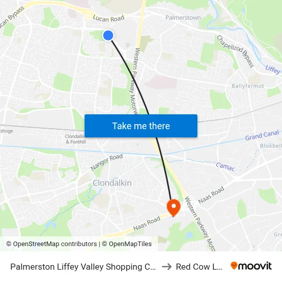 Palmerston Liffey Valley Shopping Centre to Red Cow Luas map