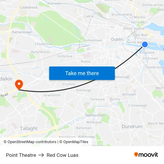 Point Theatre to Red Cow Luas map