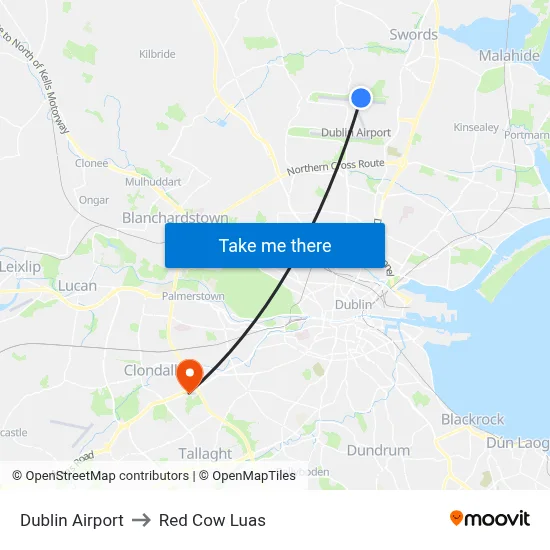 Dublin Airport to Red Cow Luas map