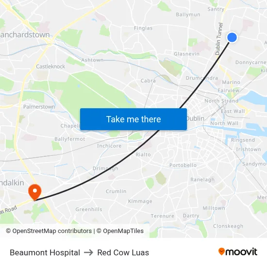 Beaumont Hospital to Red Cow Luas map