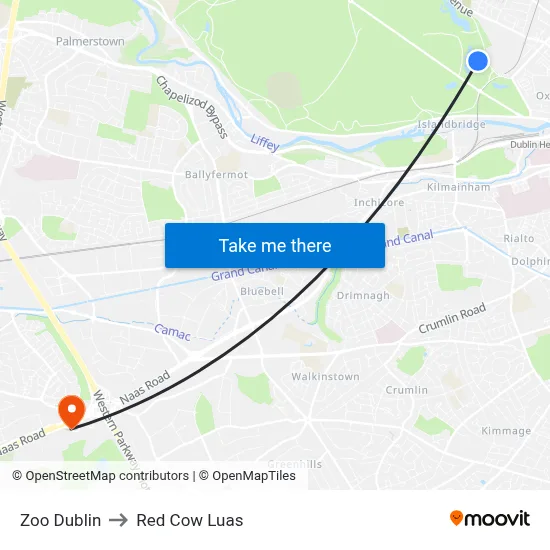 Zoo Dublin to Red Cow Luas map