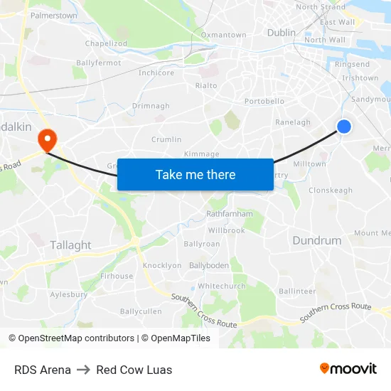 RDS Arena to Red Cow Luas map