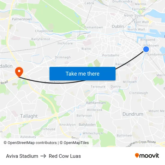 Aviva Stadium to Red Cow Luas map