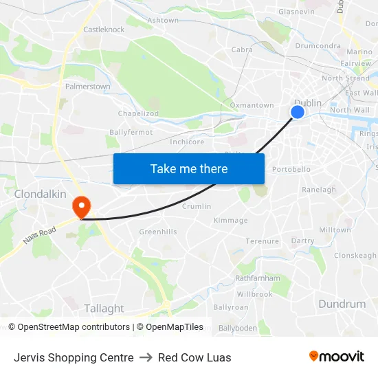 Jervis Shopping Centre to Red Cow Luas map