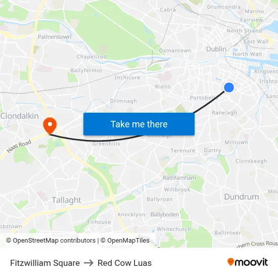 Fitzwilliam Square to Red Cow Luas map