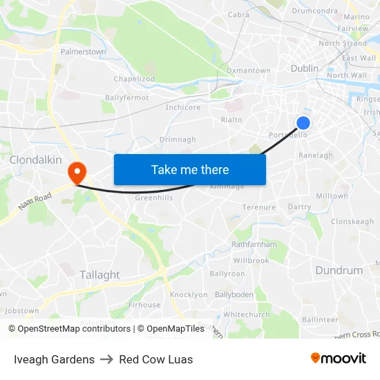 Iveagh Gardens to Red Cow Luas map