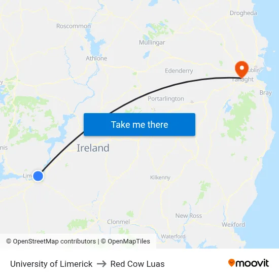 University of Limerick to Red Cow Luas map
