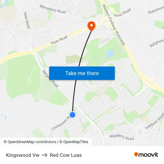 Kingswood Vw to Red Cow Luas map