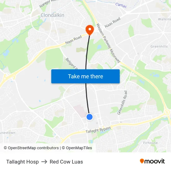 Tallaght Hosp to Red Cow Luas map