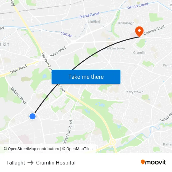 Tallaght to Crumlin Hospital map