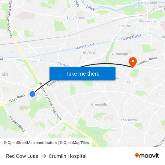 Red Cow Luas to Crumlin Hospital map