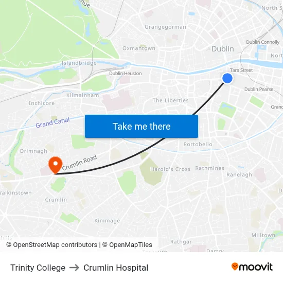 Trinity College to Crumlin Hospital map