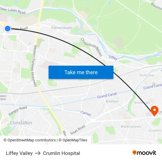 Liffey Valley to Crumlin Hospital map