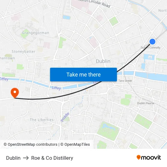 Dublin to Roe & Co Distillery map